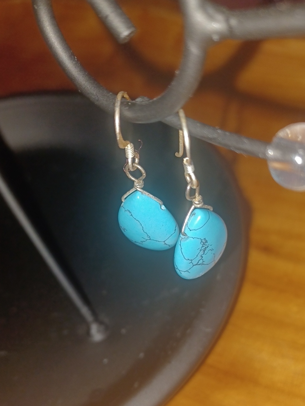 Vintage SU 925 CH Sterling Silver Turquoise Teardrop Earrings Handmade Boho Drop
